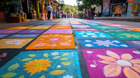 A vibrant street adorned with colorful artwork showcases the beauty of community celebrations, mesmerizing viewers with its artistic patterns and lively atmosphere.の素材