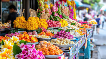 A vibrant flower stall at a local market bursting with colorful blooms and fresh petals. This scene captures the beauty of nature and local culture.の素材