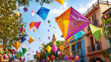 A lively scene showcasing colorful kites flying in a vibrant festival, capturing the essence of joy, celebration, and cultural traditions under a clear blue sky.の素材