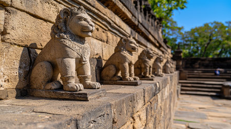Five majestic stone lion statues line an ancient temple wall, showcasing intricate carvings under clear blue skies. A significant cultural heritage symbol.の素材