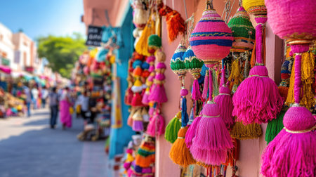 A lively scene showcasing an array of colorful handcrafted items in a bustling market street. The vibrant tassels and decorations reflect cultural artistry and attract shoppers.の素材