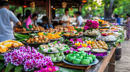 A picturesque outdoor market scene featuring an array of tropical desserts surrounded by vibrant flowers, showcasing local delicacies and rich culture.の素材