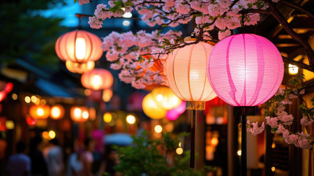 A charming evening market scene with colorful lanterns glowing under blooming cherry blossoms, creating a warm and inviting atmosphere for visitors.の素材