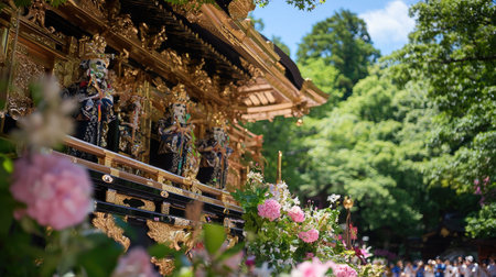 A magnificent shrine embellished with gold and surrounded by vibrant blossoms, nestled among lush trees, evokes a sense of tranquility and cultural heritage.の素材