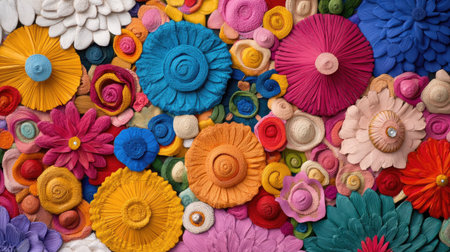 This image showcases an artistic arrangement of colorful paper flowers, creating a vibrant and cheerful backdrop. Ideal for design inspiration and decor projects.の素材
