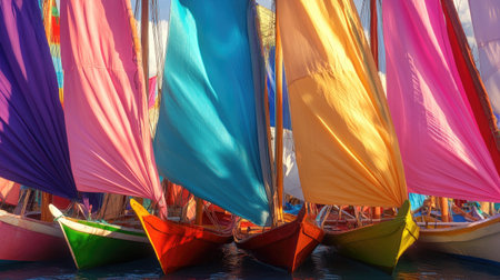 A stunning close-up of vibrant and colorful sails from traditional boats, capturing the lively spirit of maritime culture and the beauty of sunlight reflecting on water.の素材