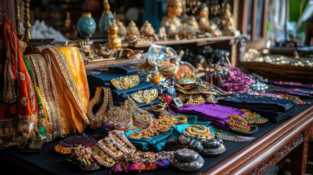 A stunning array of traditional jewelry and handcrafted accessories, showcasing vibrant colors and intricate designs, perfect for festive celebrations and cultural displays.の素材