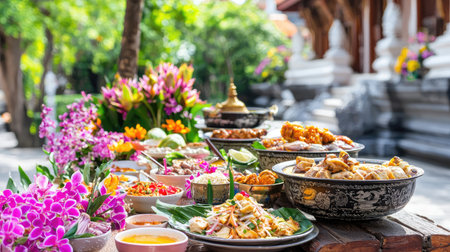 A vibrant display of traditional dishes and fresh flowers, showcasing a festive outdoor feast. Enjoy the rich flavors and colorful presentation of culinary delights.の素材