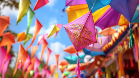 Bright and colorful paper lanterns hang in a festive outdoor environment, creating a vibrant atmosphere perfect for celebrations, events, and cultural festivities.の素材