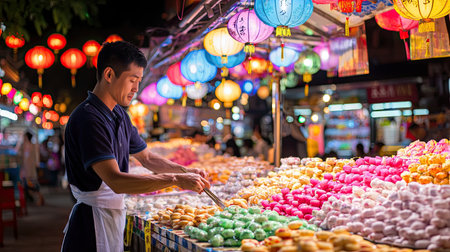 A night market vendor skillfully prepares a variety of colorful desserts under vibrant lantern lights, creating a lively and attractive atmosphere for visitors.の素材