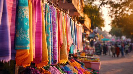 A vibrant display of colorful silk scarves hanging on a market stall creates a stunning visual during the golden hour, capturing the essence of local culture and commerce.の素材