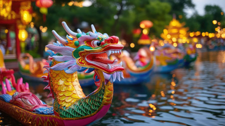 Experience a vibrant dragon boat festival on serene waters, adorned with colorful lanterns and rich cultural heritage in this enchanting night scene.の素材