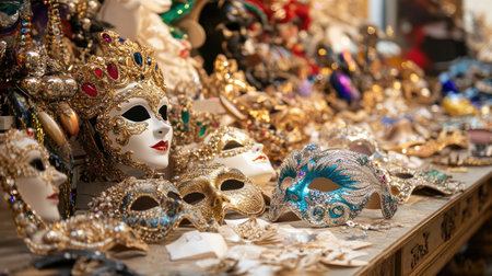 A captivating display of elegant decorative masks featuring intricate designs and rich colors, perfect for celebrating festivals and special events.の素材