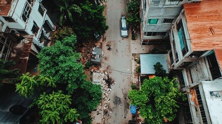 This image showcases an aerial view of an urban street enveloped by abundant greenery. The scene captures a unique blend of nature and city life, illustrating the contrast between concrete and lush foliage.の素材