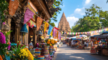 A vibrant market scene showcasing colorful flowers and flags near a historic temple. This lively outdoor setting captures festival spirit and cultural heritage.の素材