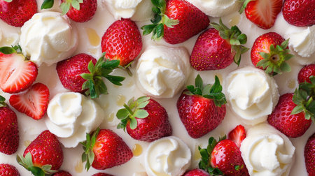 A vibrant arrangement of fresh strawberries topped with creamy whipped topping, perfect for summer desserts or festive occasions. An appealing and delicious treat.の素材