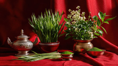 A captivating still life featuring vibrant greenery and herbal elements arranged elegantly on rich red fabric. This composition showcases freshness and natural beauty.の素材
