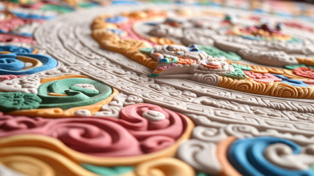 This image showcases an intricate relief art design featuring vibrant colors and detailed patterns, ideal for decoration or artistic inspiration. Perfect for creative projects.の素材