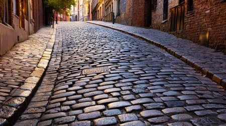Beautiful cobblestone street captured during golden hour, showcasing historical architecture and scenic urban charm, perfect for travel or exploration themes.の素材