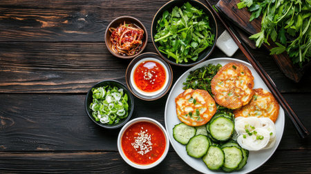 Discover a vibrant array of Asian food showcasing crispy vegetable pancakes, fresh herbs, and colorful sauces, perfect for a healthy meal experience.の素材