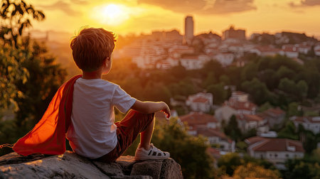 A young child sits on a rock, wearing a cape, as the sun sets over a beautiful cityscape. The scene evokes feelings of adventure, imagination, and inspiration.の素材