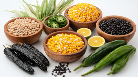 A vibrant arrangement of fresh ingredients featuring legumes, peppers, and corn. Perfect for healthy cooking and colorful meal preparation, ideal for chefs.の素材