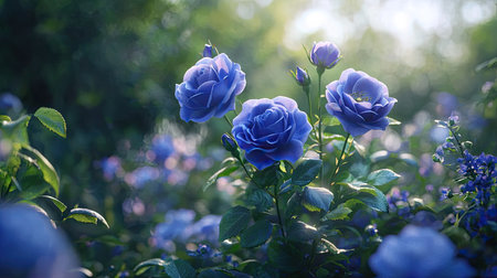 A stunning display of blue roses in full bloom, set against a lush green backdrop. The soft sunlight enhances the vibrant colors, creating a peaceful, serene atmosphere. Perfect for nature enthusiasts.の素材
