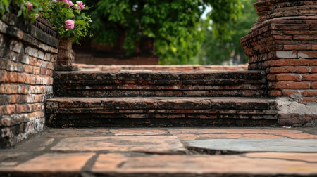 Discover the beauty of ancient stone steps surrounded by rich greenery. This serene image captures the weathered bricks and lush plants, inviting exploration.の素材