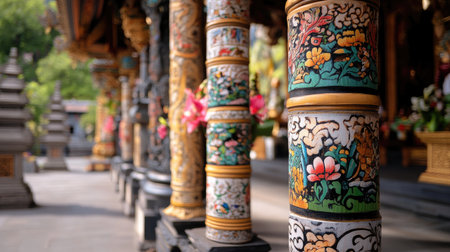 Vibrant and detailed ornate pillars in a traditional temple setting showcase exquisite floral designs, highlighting the artistry and cultural heritage.の素材