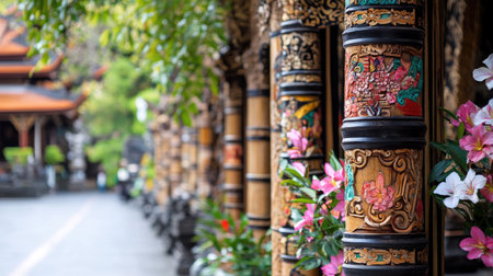 A close-up of beautifully adorned decorative columns amidst a lush tropical garden. Colorful flowers enhance the serene atmosphere and showcase cultural artistry.の素材