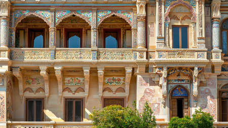 Explore the stunning facade of a historic palace adorned with intricate murals and artistic details, showcasing the richness of cultural heritage and craftsmanship.の素材