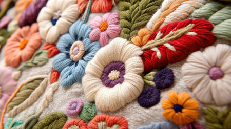 This close-up showcases vibrant floral embroidery with intricate designs. A beautiful representation of craftsmanship, color, and texture, perfect for art lovers.の素材