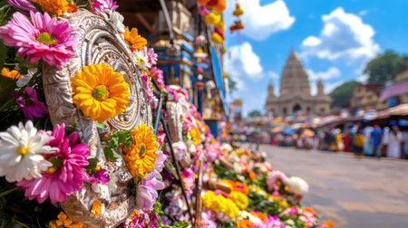 A close-up view of vibrant floral decorations adds color to a bustling cultural festival in India, set against a beautiful temple in the background.の素材