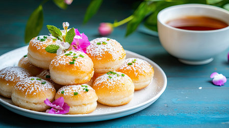 A beautiful arrangement of sweet baked buns dusted with powdered sugar, adorned with delicate flowers, served alongside a cup of tea, creating a cozy atmosphere.の素材