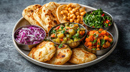 A vibrant Indian food platter featuring flatbreads, chickpeas, and fresh vegetables. This colorful dish showcases traditional ingredients and rich flavors, perfect for a healthy meal.の素材