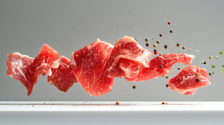 Dynamic display of fresh cuts of red meat in mid-air, accented by spices and herbs. Ideal for culinary themes, food preparation, and gourmet photography.の素材