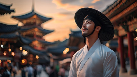 A serene man in traditional attire gazes thoughtfully at a beautiful sunset over a historic cityscape, capturing the essence of tranquility and cultural heritage.の素材