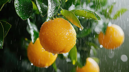 Bright oranges with glistening water droplets hang delicately from lush green branches, showcasing the vibrant essence of nature and freshness in an outdoor setting.の素材