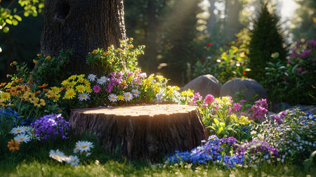 A beautiful garden filled with colorful blooms surrounds a rustic tree stump. Sunlight filters through trees, creating a serene and vibrant natural scene.の素材