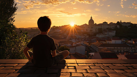 A young boy sits in silence, captivated by the stunning sunset over a beautiful cityscape. The warm sunlight casts a golden hue, evoking a sense of peace and imagination.の素材