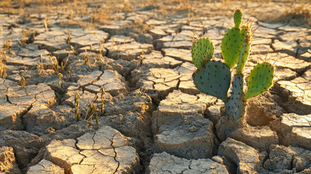 A striking image of a resilient cactus growing in cracked dry earth, showcasing its ability to survive in harsh, arid conditions, symbolizing endurance in nature.の素材
