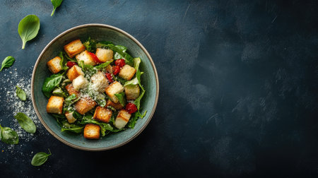 A vibrant bowl of fresh green salad featuring croutons, cherry tomatoes, and parmesan cheese, ideal for promoting healthy eating ideas and culinary creativity.の素材