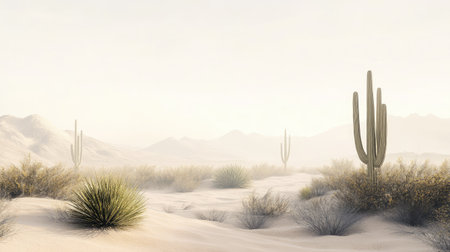 A tranquil desert scene featuring towering cacti and sparse vegetation, set against soft mountains and a gentle hazy sky, illustrating the serene beauty of arid landscapes.の素材