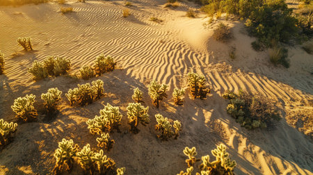 This aerial view captures a stunning desert landscape featuring unique plant life against a backdrop of textured sand dunes illuminated by warm, golden hour light.の素材