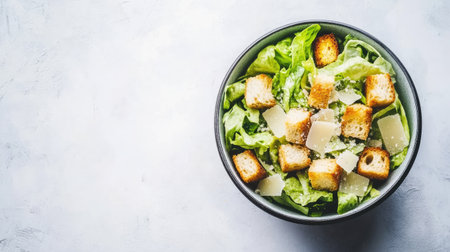 A vibrant salad featuring crisp lettuce, golden croutons, and freshly shredded cheese, ideal for healthy meals or light snacks. Perfect for food photography and culinary inspiration.の素材