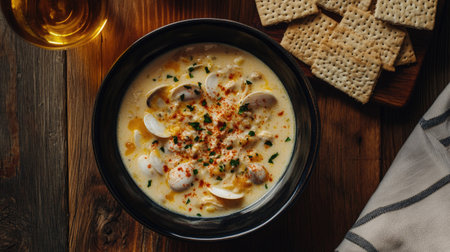 Top view of a bowl of clam chowder with crackers. Copy space available.の素材
