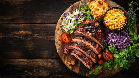 A mouthwatering barbecue beef brisket is beautifully arranged with fresh coleslaw, sweet corn, and homemade bread, creating an inviting meal perfect for gatherings.の素材