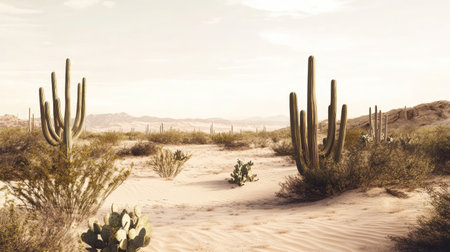 A serene view of a vast desert landscape featuring towering cacti, delicate shrubs, and a sandy terrain bathed in warm sunlight, perfect for nature enthusiasts.の素材