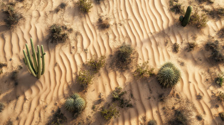 An overhead view showcasing the intricate patterns of sand and diverse desert vegetation in soft afternoon light, exemplifying the beauty of arid ecosystems.の素材