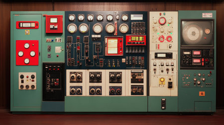 A striking vintage control panel featuring numerous gauges, switches, and dials. This retro design captures the essence of industrial technology with detailed instrumentation and a nostalgic aesthetic.の素材